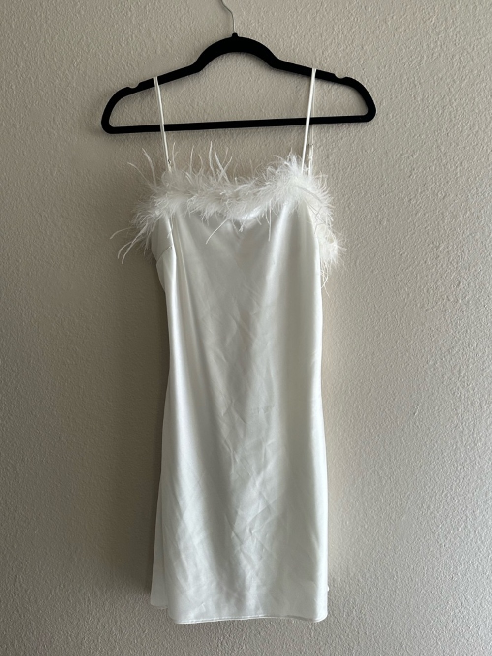 Thirty Thirty White Satin Mini Dress Feather Trim Slip Dress Size Medium